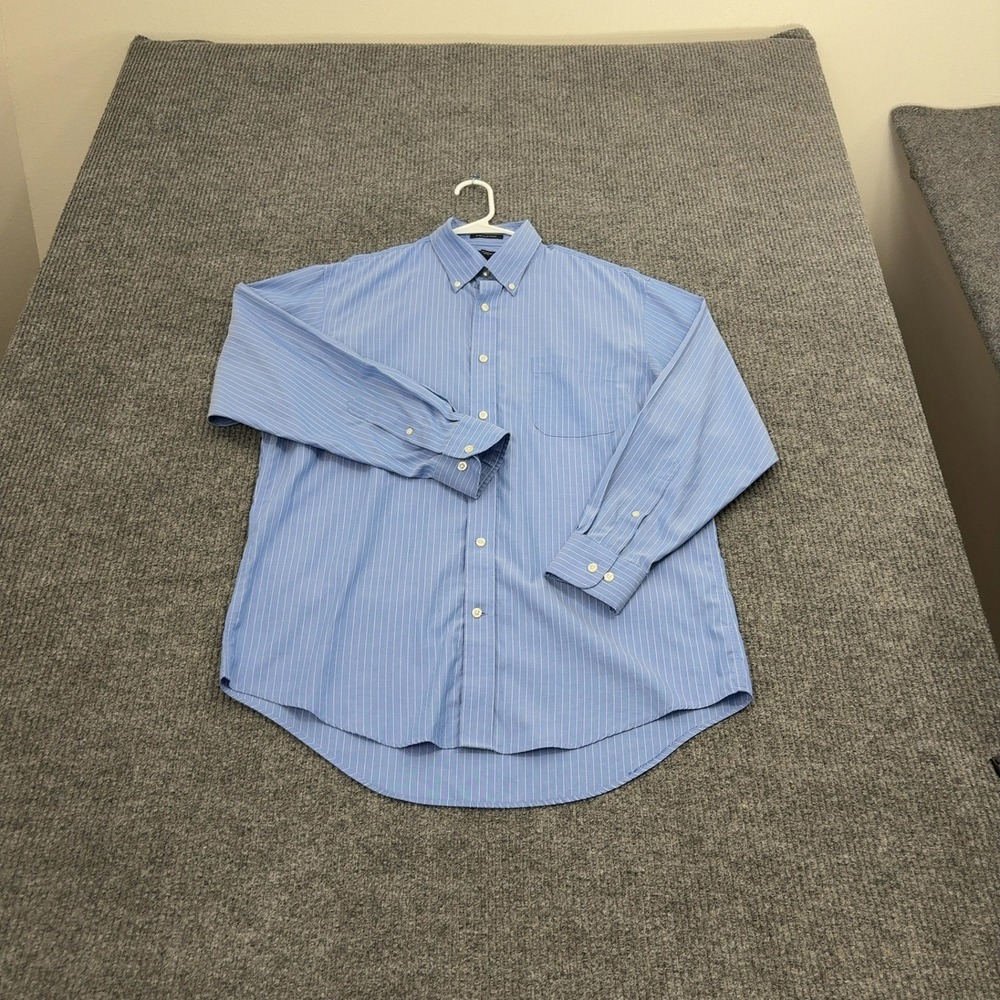 Lands End Button Down Mens 16-33 Blue Supima Cotton Striped No Iron Traditional